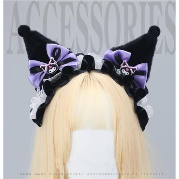 Halloween Soft Faux Fur Plush Fox Ears & Ribbon Bows Headband for Cartoon Kuromi - Picture 3 of 6